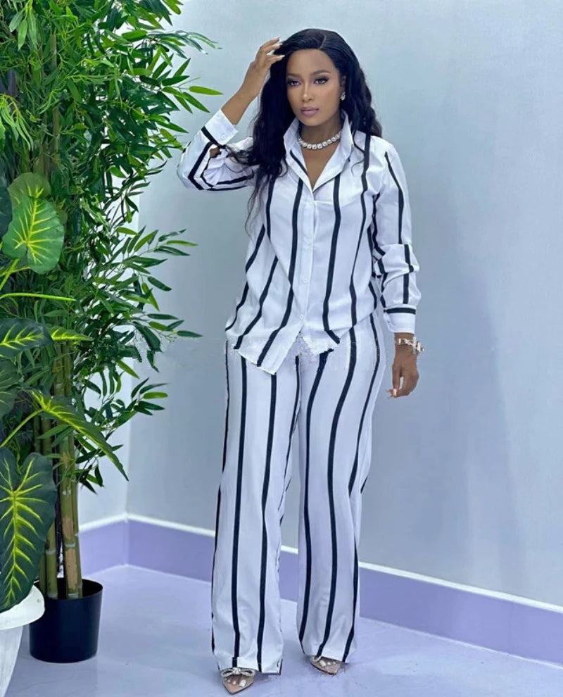 African Fashion Stripe Two Piece Set Women Spring Autumn Casual Button Long Sleeved Shirt Wide Leg Pants Two Piece Set Women Secondary image