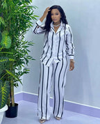 African Fashion Stripe Two Piece Set Women Spring Autumn Casual Button Long Sleeved Shirt Wide Leg Pants Two Piece Set Women