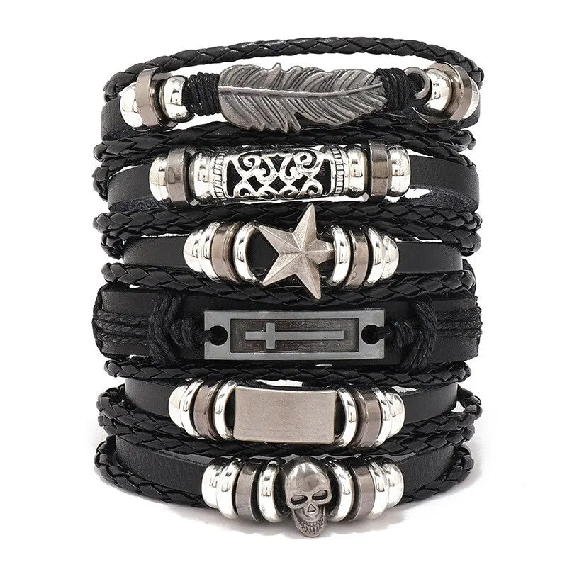 Fashion Bracelet Viking  Bracelet For Men Hand Bracelets Woven Skull Hand Jewelry Adjustable Leather Set viking man bracelet
