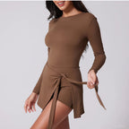 VITALINOVO Womens High Neck Tennis Dress Long Sleeve Sarong Wrap Skirt Built in Shorts Golf Athletic Dress Workout Rompers