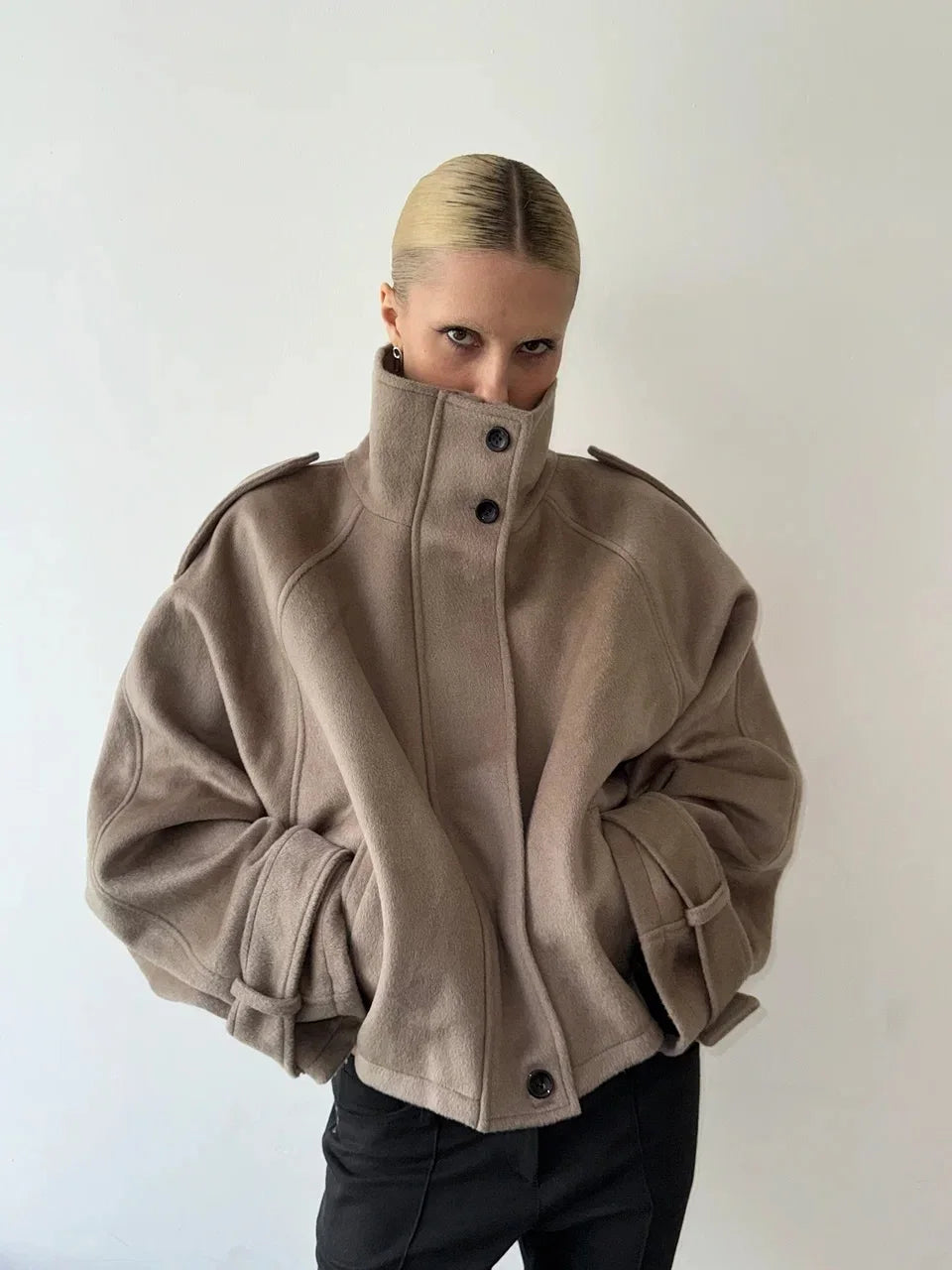 Casual Solid Loose Jackets Women Fashion Full Sleeve Single Breasted Stand Collar Short Coats Female 2025 Autumn Lady Outwears