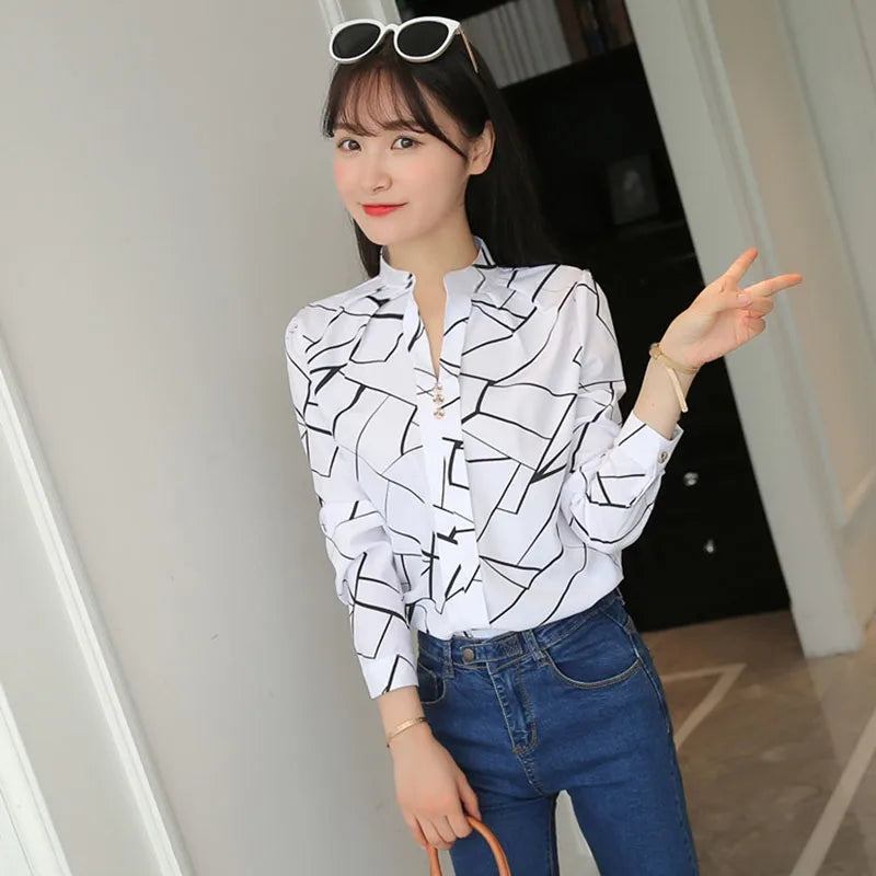 Xpqbb Autumn New White Shirt for Women Fashion Stripe Print Long Sleeve Office Lady Blouses Casual Loose Stand-up Collar Blusas