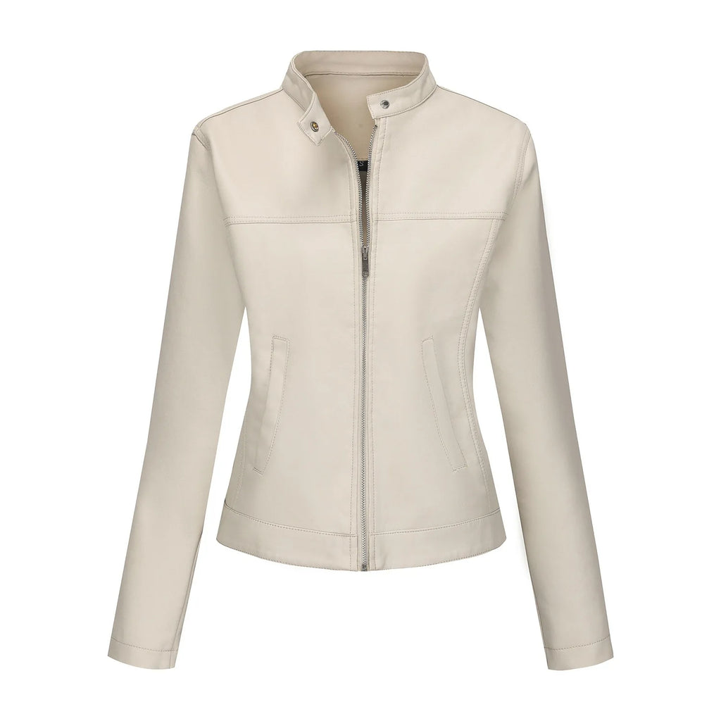 Black Women's Fitted Leather Jacket with Front Zipper & Side Pockets‌, Available in Brown, Navy Blue, and Beige.