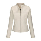Black Women's Fitted Leather Jacket with Front Zipper & Side Pockets‌, Available in Brown, Navy Blue, and Beige.
