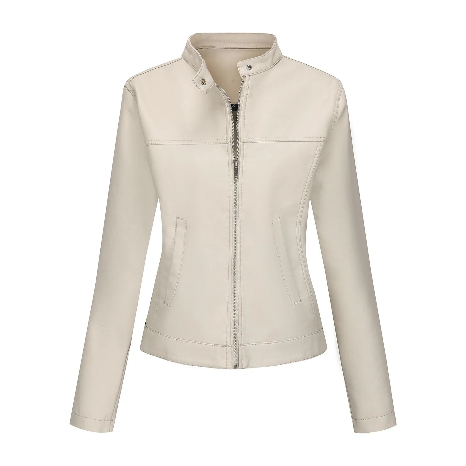 Black Women's Fitted Leather Jacket with Front Zipper & Side Pockets‌, Available in Brown, Navy Blue, and Beige.