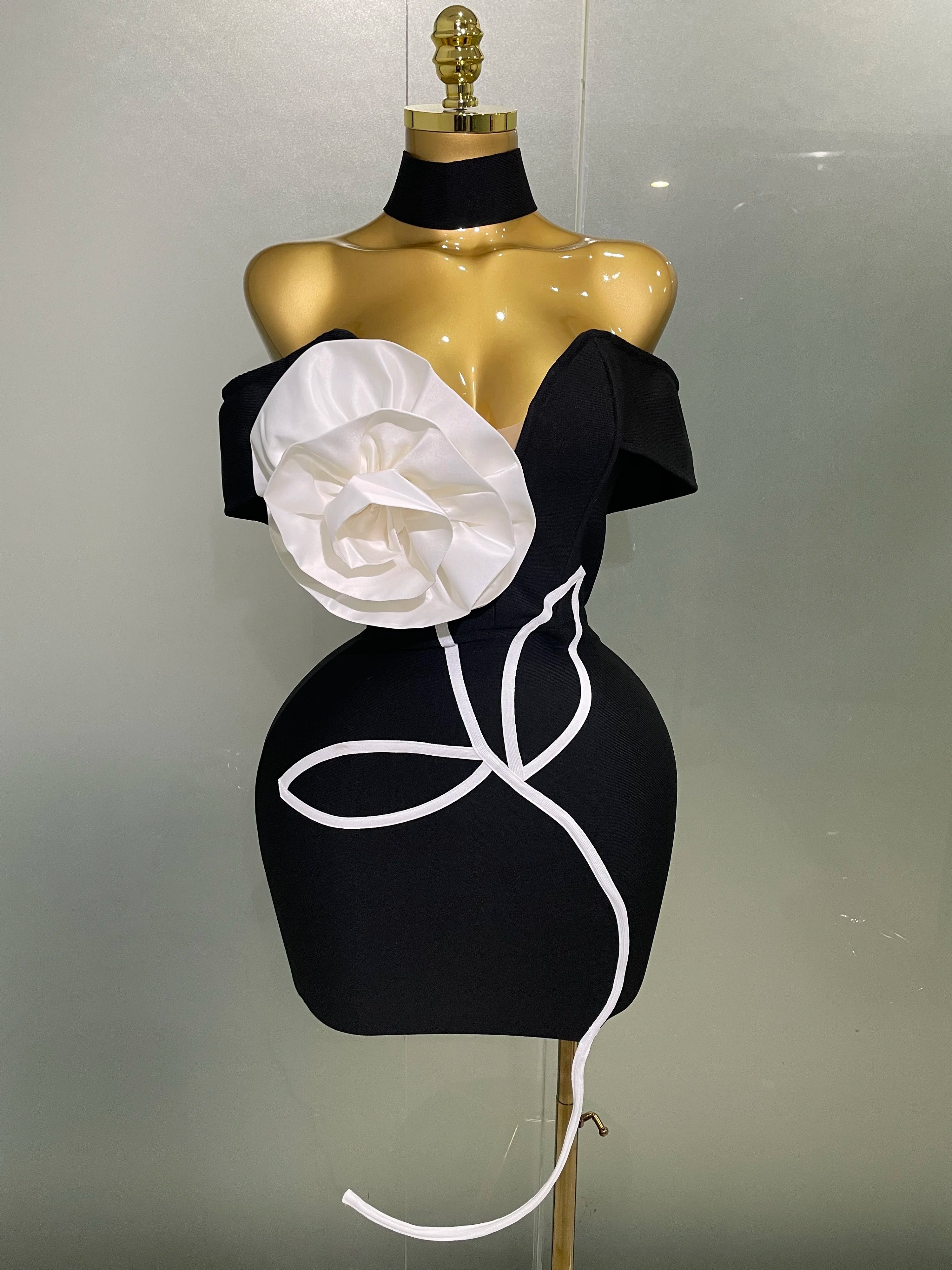 Women 2025 New Sexy Off Shoulder White Flower Black Mini Bodycon Bandage Dress Luxury Celebrity Evening Club Elegant Party Gowns Main image