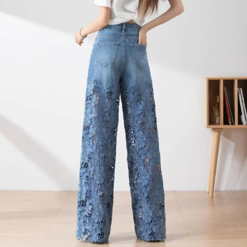 Jeans for Women High Waist Lace Patchwork Pantalones Hollow Out Oversized Spring Casual Loose All Match Pants Fashion Elegant