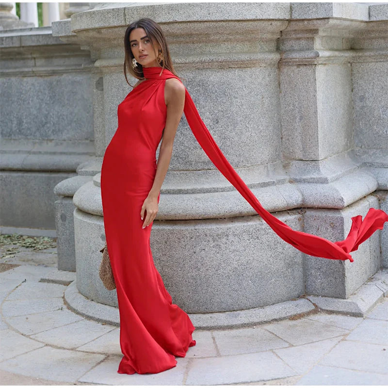 Elegant Ribbon Halter Dress Women Solid Off Shoulder Sleeveless Backless Slim Maxi Dresses 2026 Summer Autumn Party Robes Lady