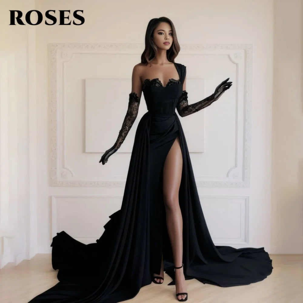 ROSES Red Side High Split Mermaid Evening Dresses One Shoulder Prom Dresses Sweetheart Stain Formal Occasion Dress Customized