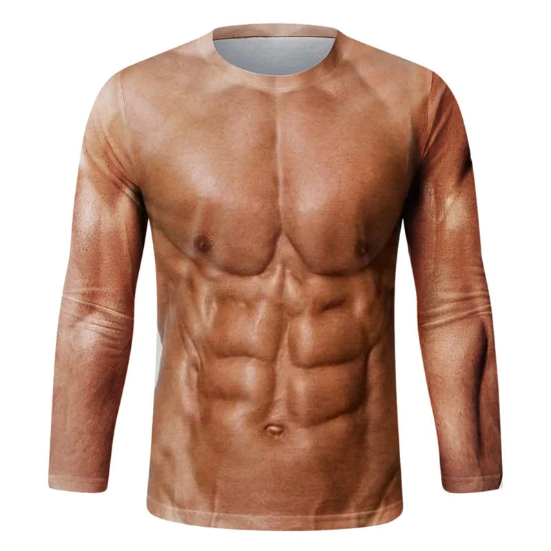 Funny Fake Muscle Graphic T Shirt Men's Long Sleeve T-Shirt New Arrival Sports 3D Printed Tshirt Casual Spring Running Tees Tops