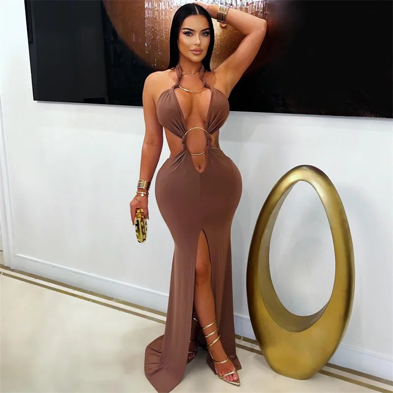 Sexy Halter Backless Mermaid Evening Dresses Woman Nightclub Prom Celebrity Metal Ring Bandage High Split Party Long Dress Robes