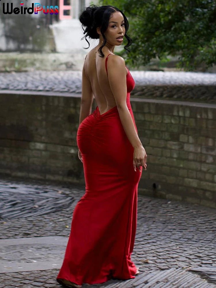 Weird Puss Sexy Backless Women Evening Maxi Dress Folds V-Neck Sleeveless Coquette Elegant Mermaid Matching Banquet Prom Bodycon Secondary image
