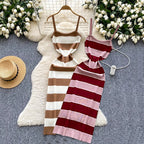 Lady New Stripes Ins Fashion Sexy Package Hips Bodycon Dress  Summer Knitted Spaghetti Straps Outfits Maxi Long Women Dress