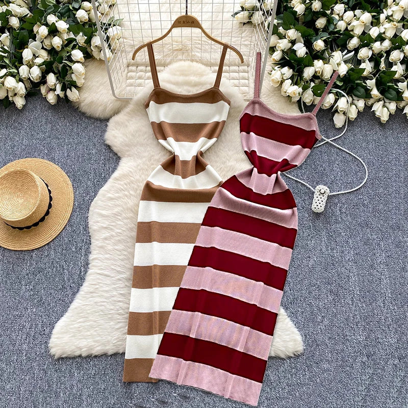 Lady New Stripes Ins Fashion Sexy Package Hips Bodycon Dress  Summer Knitted Spaghetti Straps Outfits Maxi Long Women Dress Main image