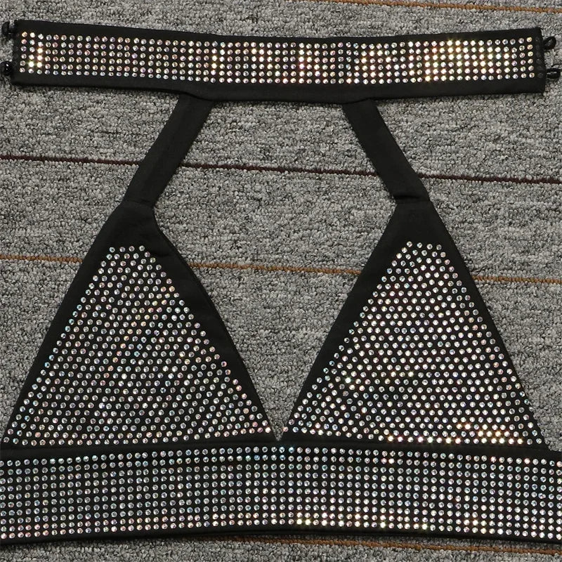 Sparkly Rhinestones Party Club Birthday Outfits for Women Two Piece Set Halter V-neck Crop Top and Mini Skirt Matching Sets