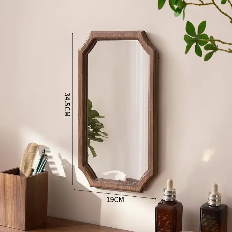 Retro Solid Wood Dressing Mirror Makeup Mirror Wall-mounted Bathroom Toilet Wall-mounted Punch-free Rectangular Bathroom Mirror