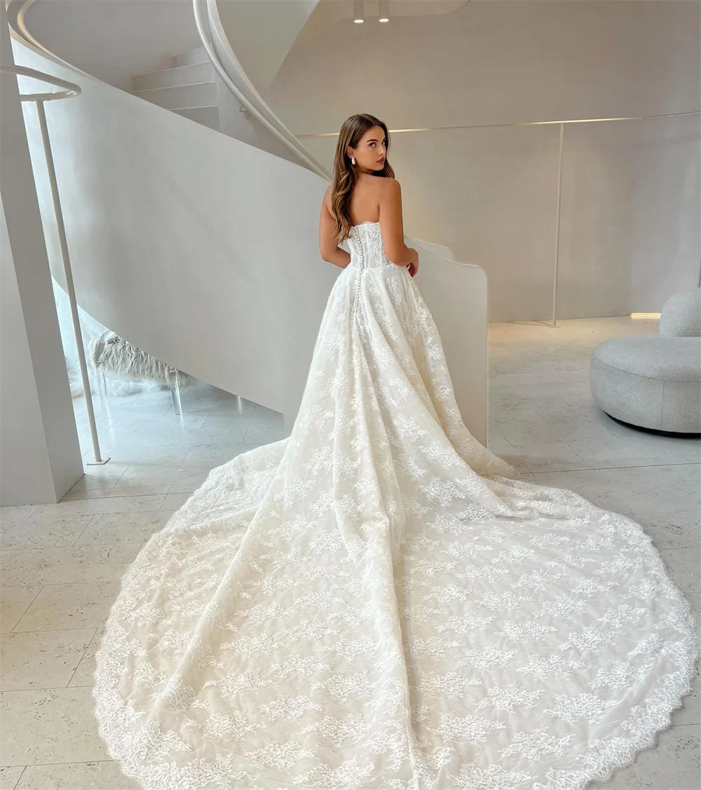 Kyoto Customized Ivory Lace Appliques Sleeveless Wedding Dress A-line Button Back vestidos de novia Chapel Train Evening Dresses Secondary image