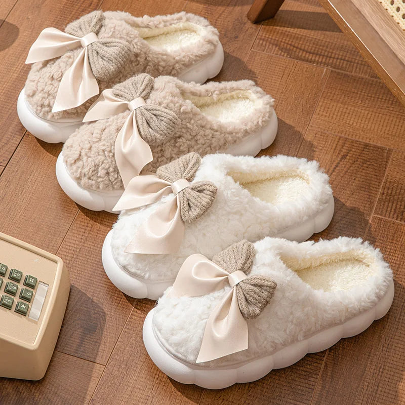 Cotton slippers for Women Autumn and Winter Thick Sole Indoor Home Warm Couples Shoes Bow Non-Slip Flat Platform Women's Slipper Main image