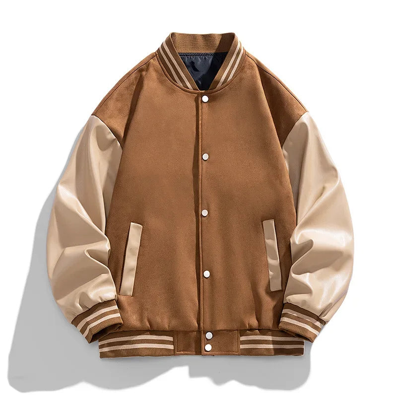 American Retro Suede Baseball Jacket Men's Spring Autumn Casual Leather Sleeve Outerwear JK819 Public Version Couple's Style
