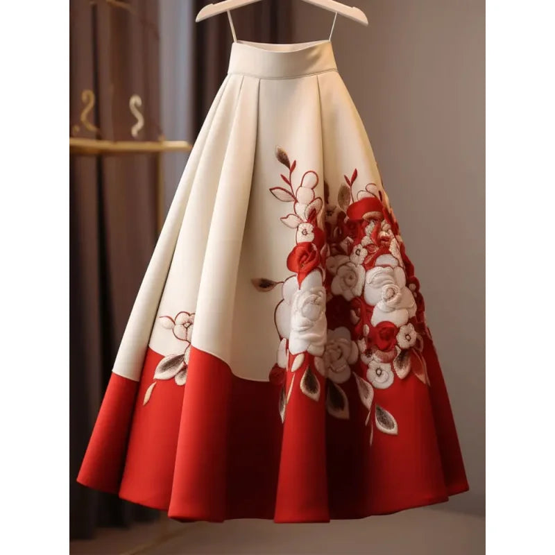 Vintage Red Flower Print Skirt for Women Y2k Slim Waist Mid-length Loose Faldas Mujer 2026 Spring New Skirt for Women Main image