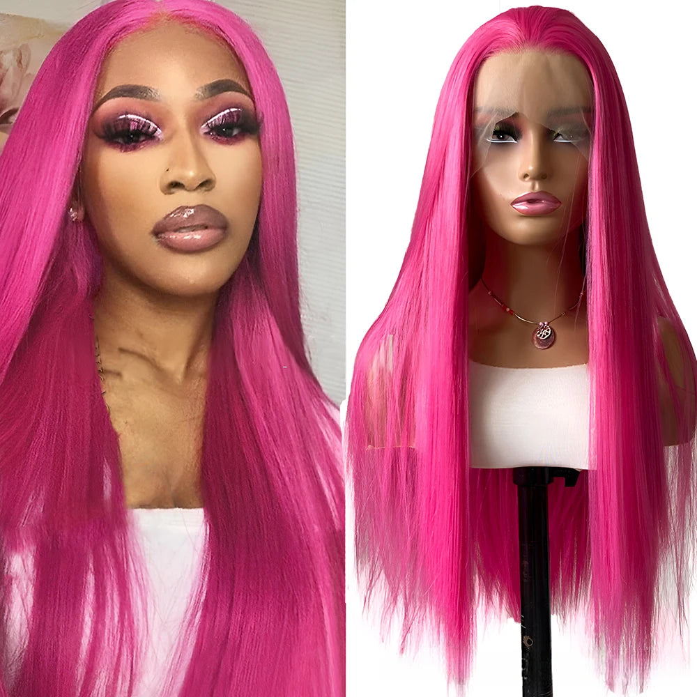 Rose Pink Straight Synthetic Lace Wig Glueless Wigs For Women Natural Hairline Daily Wear Long Pink  Wig Cosplay Part Front Hair Main image