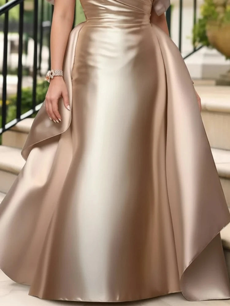 Plus Size Satin Evening Dress for Women's Off Shoulder Puff Sleeve Solid Elegant Cocktail Wedding Guest Maxi Dresses Secondary image