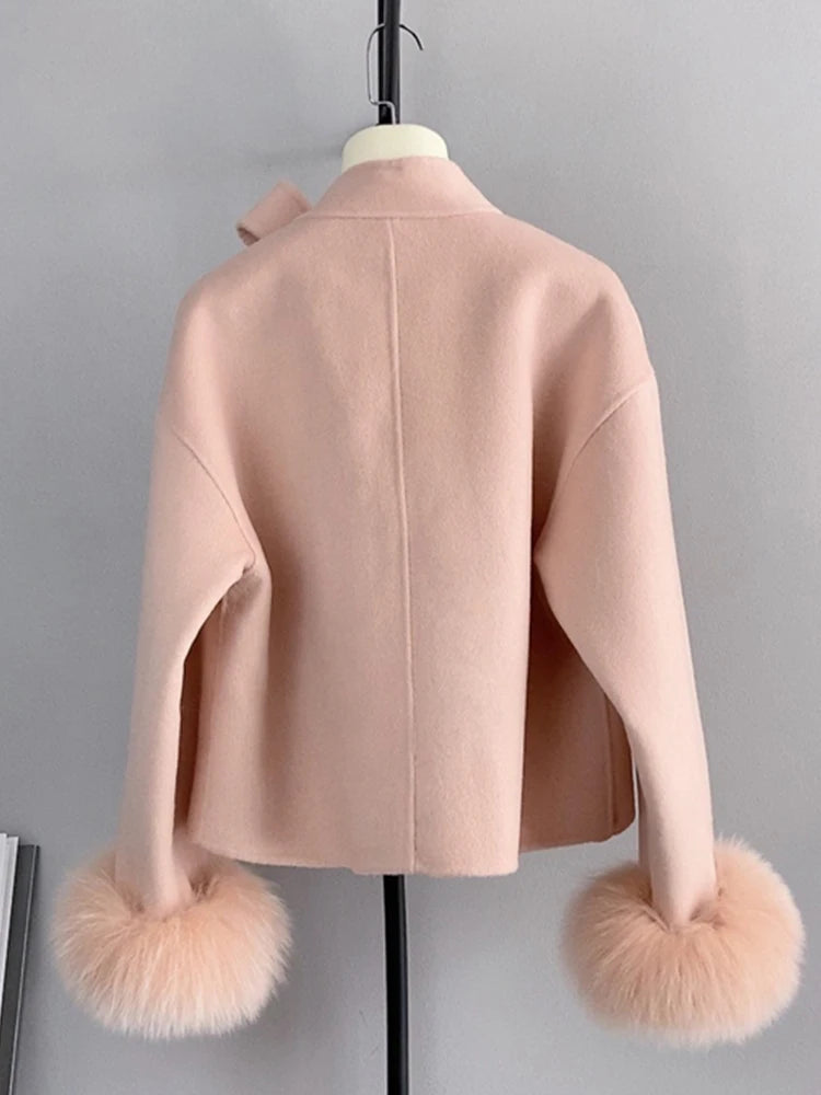 2025 & 2026 New Winter Real Natural Fox Fur Cuff Coat Ladies Outwear Female Coat Cashmere Wool Woolen Women Luxury Jacket