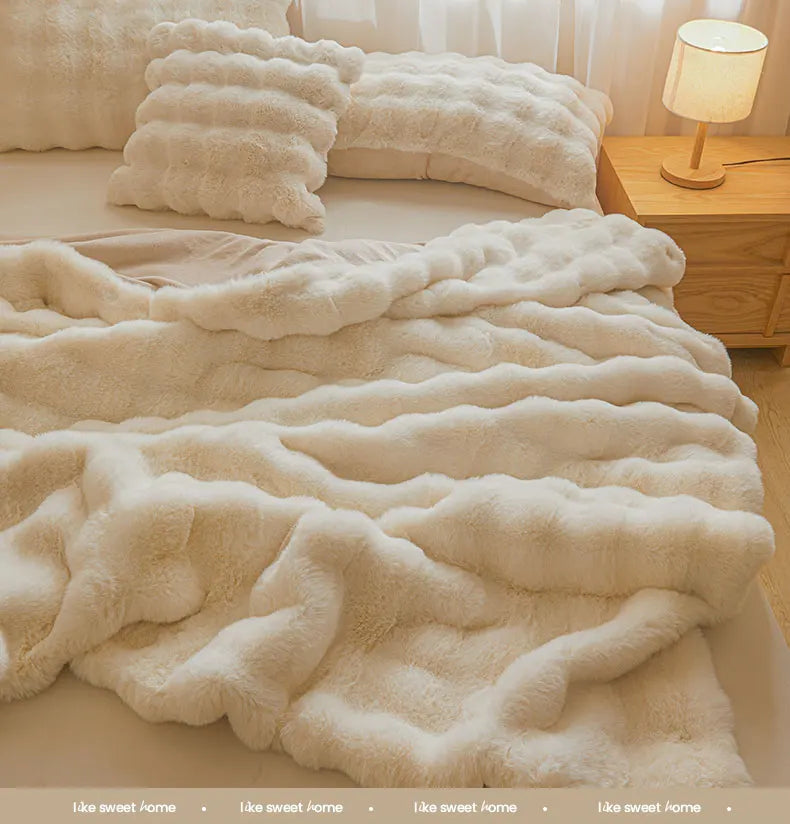 Ultra Soft Luxury Flffy Faux Rabbit Fur Blanket, Thick Winter Warm Throw Blankets, Plush Cozy Bubble Fleece Blankets Home Decor