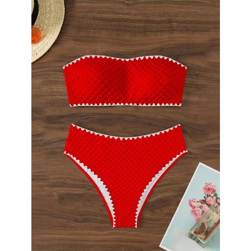 Swimwear White 2 Piece Strapless Swimsuit for Women Sexy Bandeau Backless Bikini Set Lace-up Patchwork Bathing Suit 2025 New Secondary image