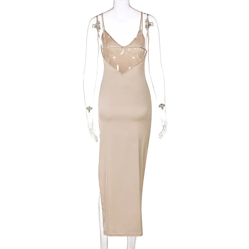 Sexy Spaghetti Strap Backless Summer Dress Women Satin Silky Spaghetti Strap Split Lace Up  Dress Elegant Bodycon Party Dresses