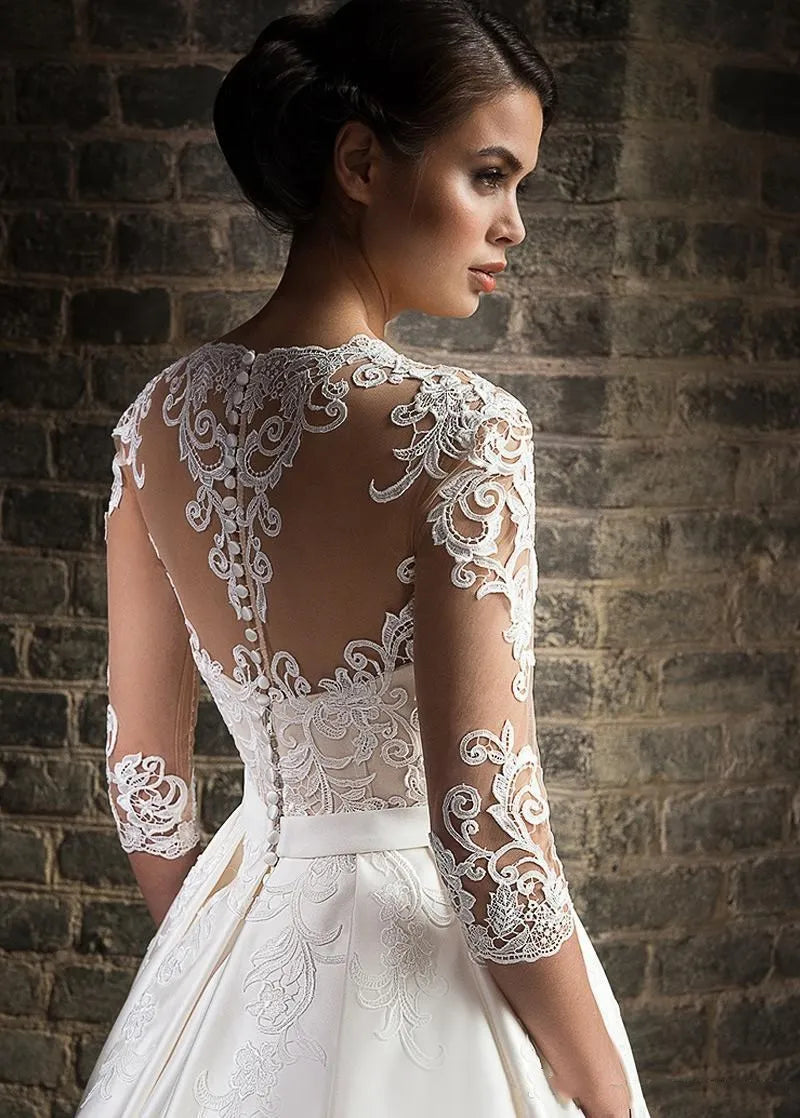 Elegant Lace Wedding Dresses vestido de novia 2026 Half Sleeves V-Neck Bride Dress Sweep Train Pockets Customize Robe De Mariee