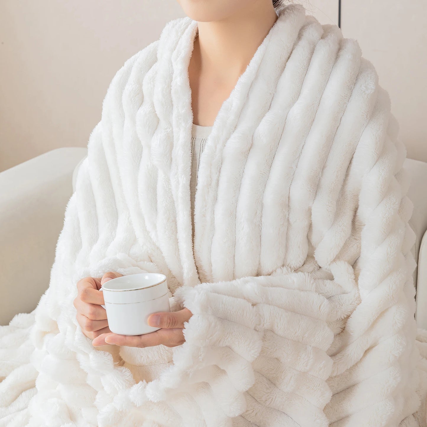 1pc solid color thick wide stripe multifunctional blanket, can be used as bed sheet covering blanket, nap blanket, pet blanket