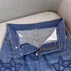 Summer Women Jeans Floral Embroidery Straight Trousers Designer Streetwear Casual Hollow Out Vintage High Waist Denim Long Pants