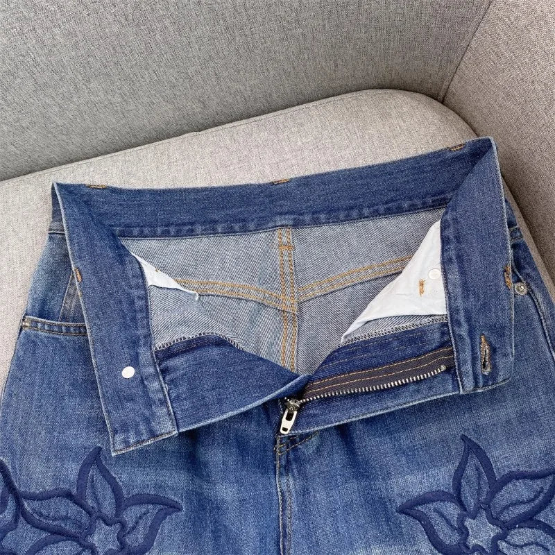 Summer Women Jeans Floral Embroidery Straight Trousers Designer Streetwear Casual Hollow Out Vintage High Waist Denim Long Pants