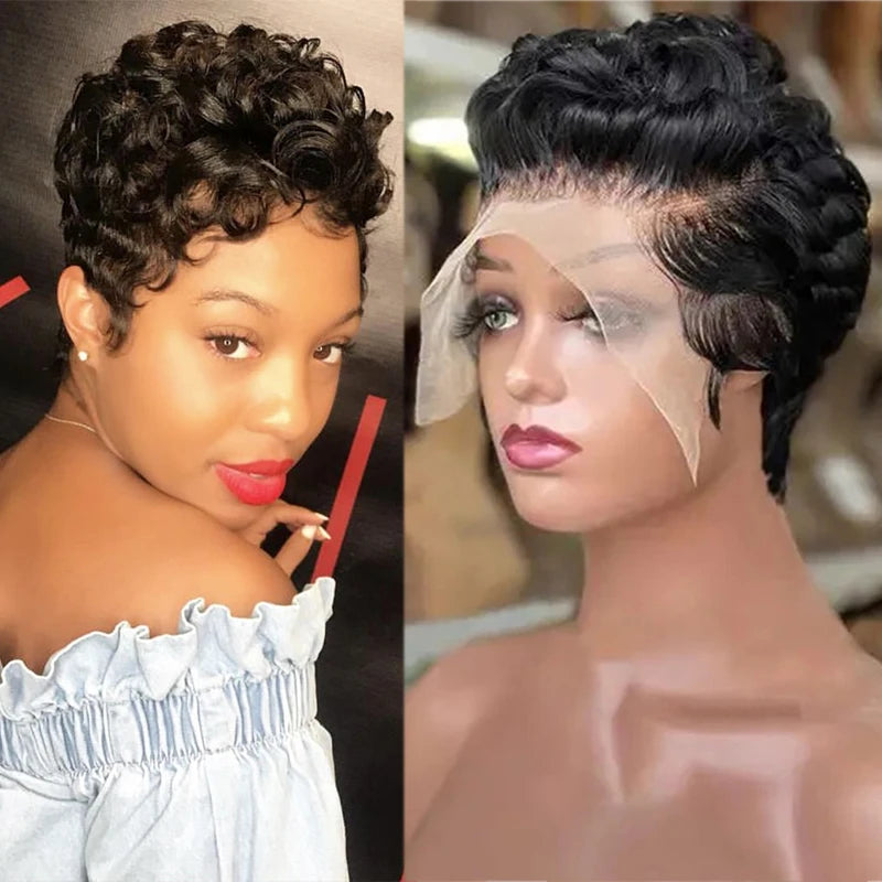 Pixie Curly 100% Human Hair Wig 13x4 Short Bob Wig Pixie Cut #350 Colored 99J  Lace Frontal Human Hair Wigs for Black Women Main image