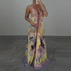Casual High Waist Evening Party Dress Sexy V-neck Backless Sleeveless Vacation Robes Elegant Bohemian Printed Women Loose Dress