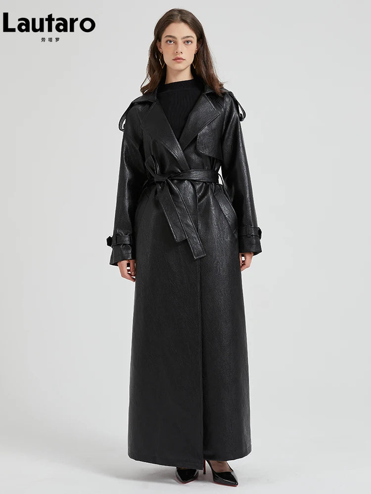 Lautaro Spring Autumn Extra Long Brown Pu Leather Trench Coat for Women Sashes Luxury Chic Overcoat Runway European Fashion 2024 Secondary image