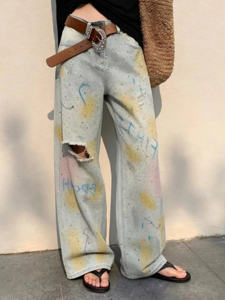 2026 Trend Y2K Style Graffiti Design Vintage Blue Baggy Women's Ripped Jeans Pants For Woman Clothing Straight Denim Trousers