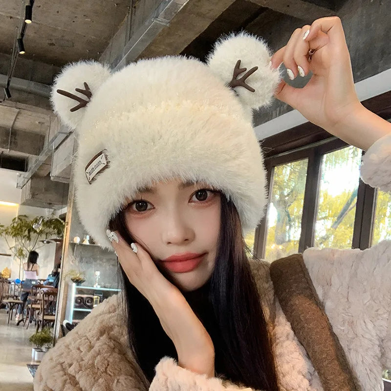 Knitted Hat Beanie Winter Warm Fleece Lined Reindeer Antlers Korean Style Cute Christmas Party Women Girls Thickened Thermal Main image