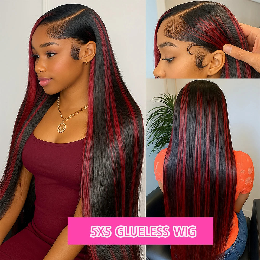 Black With Red Blonde Highlight Bone Straight Wig 5x5 Glueless Wig Human Hair Ombre Burgundy Colored Preplucked Wig Wear and Go