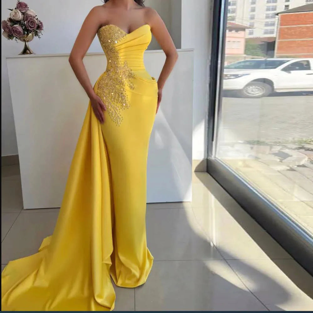 Customized Satin Yellow Mermaid Prom Dresses Crystals Sequined Sweetheart Neck Evening Formal Party Second Birthday Gown Main image