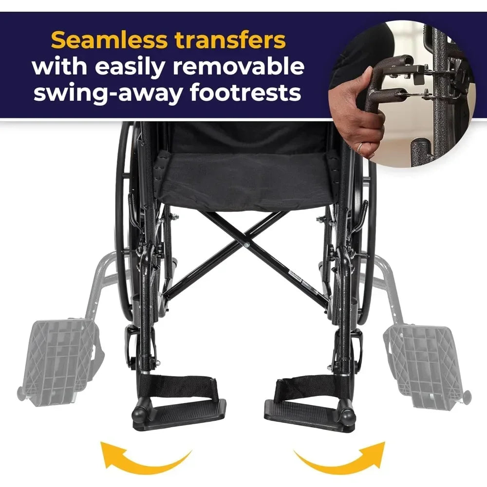 NEW PRODUCT.SSP118FA-SF Silver Sport 1 Folding Transport Wheelchair with Full Arms and Removable Swing-Away Footrest, Black