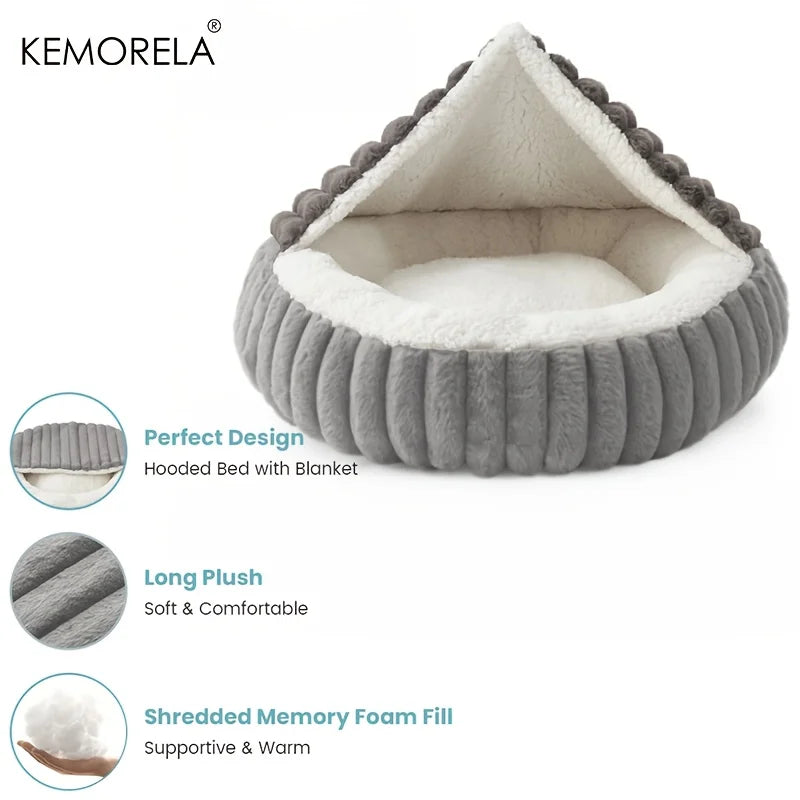 Calming Warm Kitten Bed Round Hooded Cat Cave, Indoor Puppy Sleeping Bed Suitable for Cat Dog Non-Slip Bottom Cat Cushion