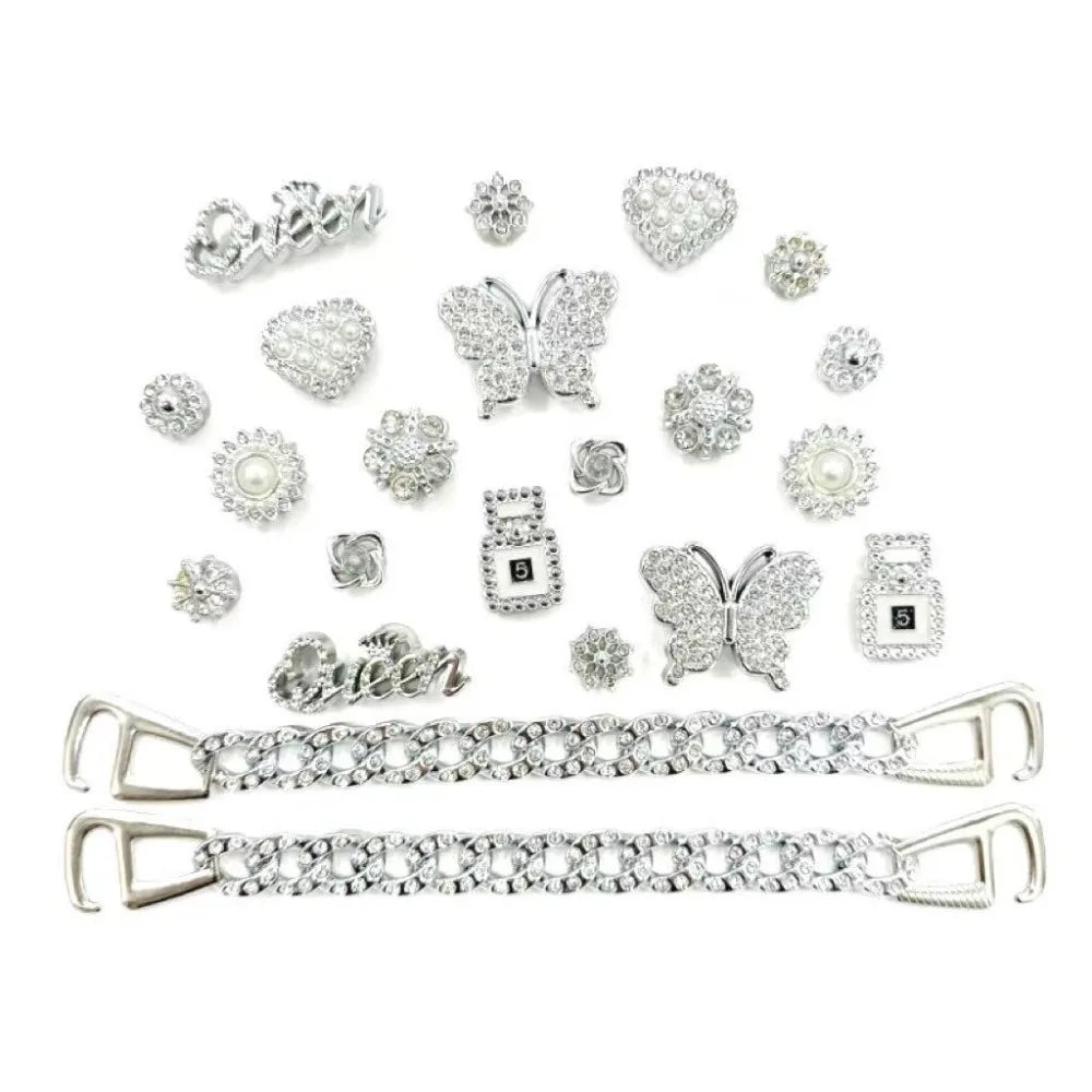 20PCS Shoe Charms Luxury Set Silver Butterfly Queen Diamond Chain Shoe Decorations Buckle for Sandals Clogs DIY Accessories Gift