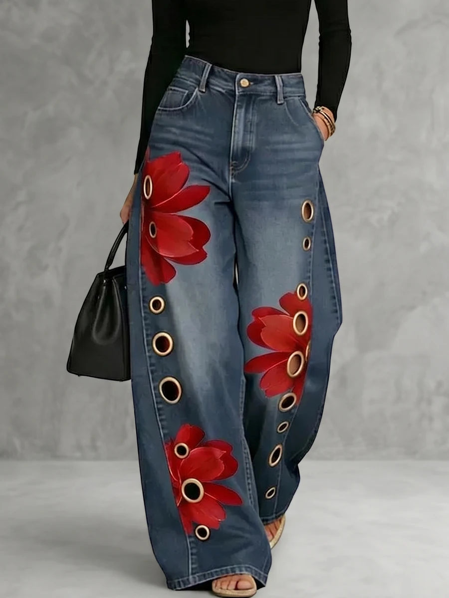 Freeacy Women's Vintage Blue Denim Wide Leg Jeans Red Flower Printed Metal Ring Hollow Out Loose Full Length Trousers Pants