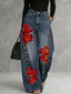Freeacy Women's Vintage Blue Denim Wide Leg Jeans Red Flower Printed Metal Ring Hollow Out Loose Full Length Trousers Pants