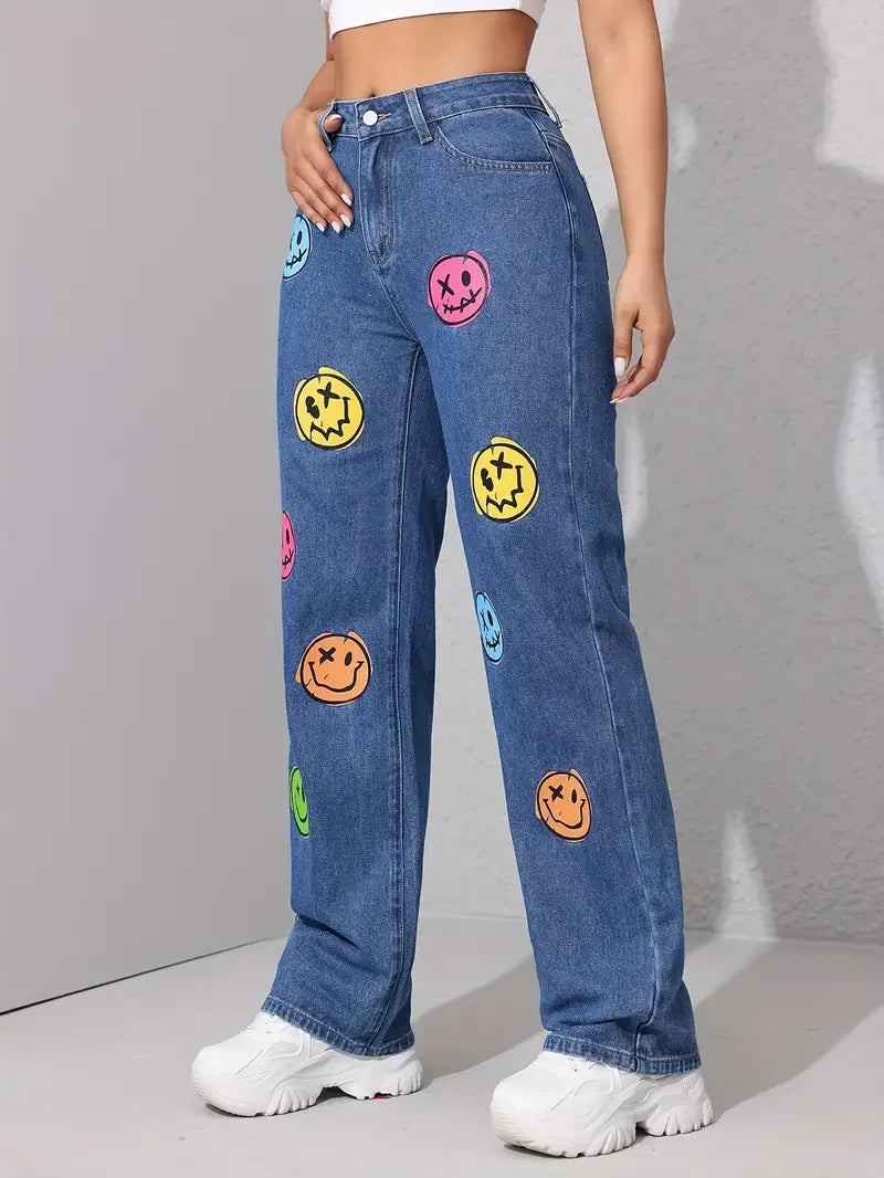 Women Smile Face Print Stretch Jeans Fashion Skinny Bottom High Waist Gray Denim Pants Lady Classic Y2K Punk Long Trousers