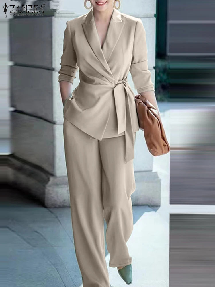 ZANZEA Elegant Office Lady Blazer Suits Women Classy Tied Waist Top and Pant 2pcs Outfit Streetwear Trend Commute Pant Sets 2025 Main image