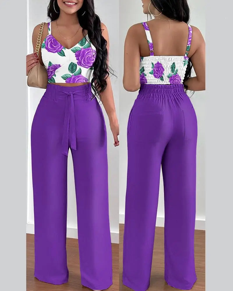 2 Piece Outfits For Women 2025 Sexy V-Neck Strap Shirred Slim Crop Top & Lace-up Wide Leg Pants Sets Elegant Office Lady Suit