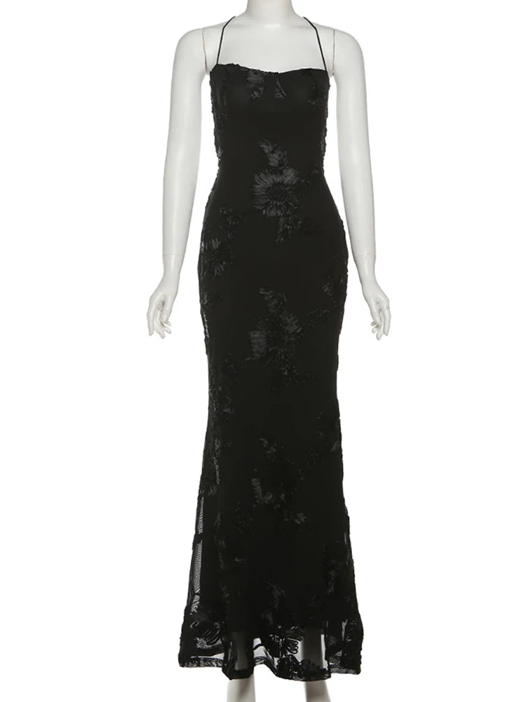 Nibber Elegant Flower Embroidery Maxi Dress Women Low-Neck Cross Bandage Backless Summer Street Trend Skinny Holiday Vestidos
